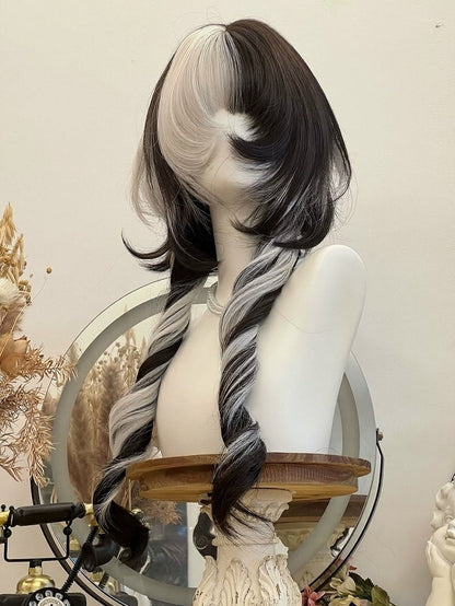 Black-White Mixed 74cm Roman Curly Full Bangs Wig - Alice Garden
