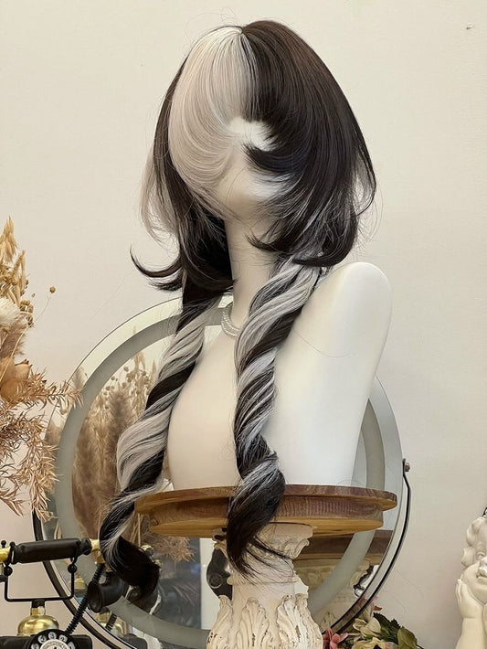 Perruque Bouclée Noire et Blanche de 74cm avec Frange Courte et Droite - Alice Garden