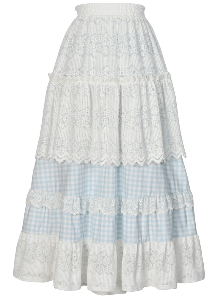 Blue and White High-Waisted Lace Patchwork Plaid Mori Kei Skirt
