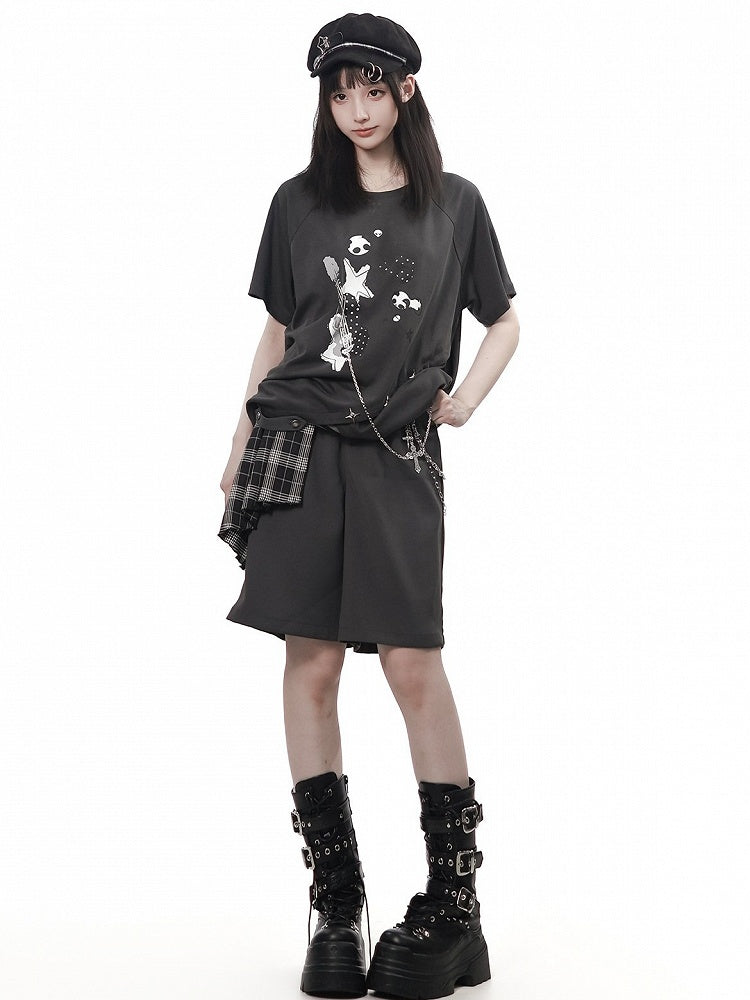 Gray Casual Shorts with Plaid Panel & Chain Accent - PINK SAVIOR