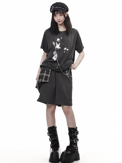 Gray Casual Shorts with Plaid Panel & Chain Accent - PINK SAVIOR