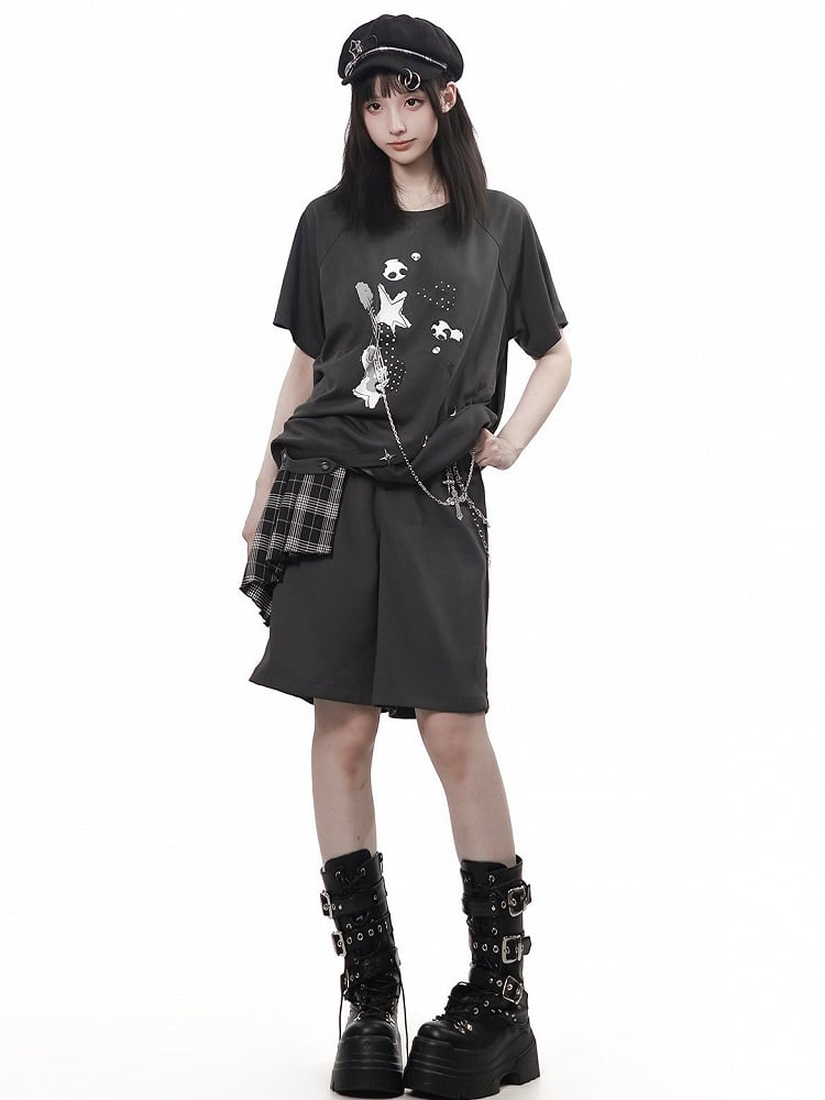 Gray Short Sleeve Tee with Overlapping Hem, Print & Chain Accent - PINK SAVIOR