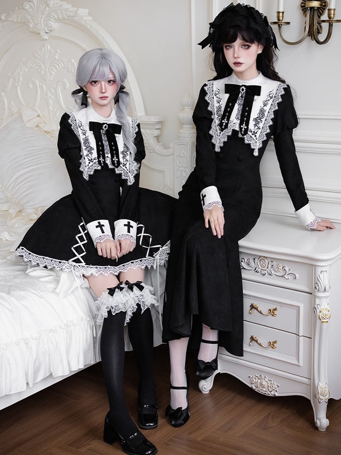 Dress Collar Embroidered Square Neckline + Short White Lolita Black Brooch Bowknot