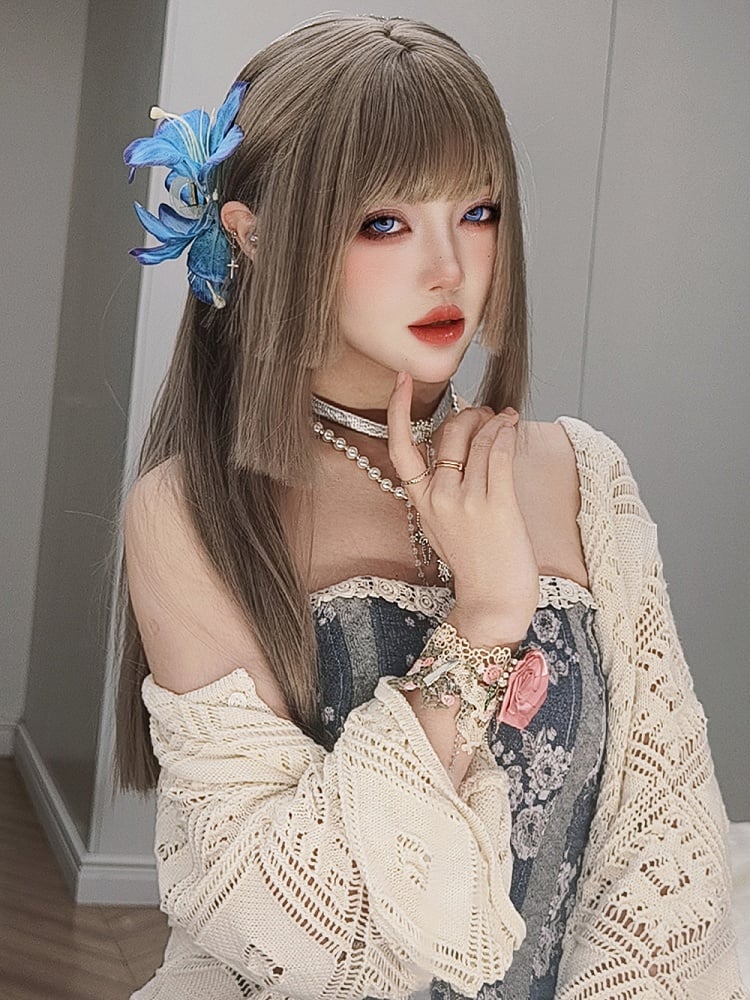 ライトブラウン姫カットロングストレート合成ウィッグ