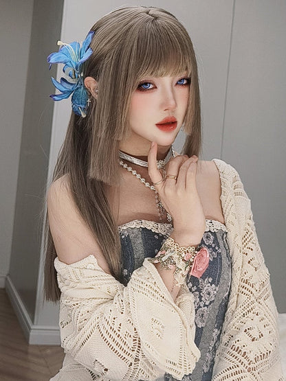 ライトブラウン姫カットロングストレート合成ウィッグ
