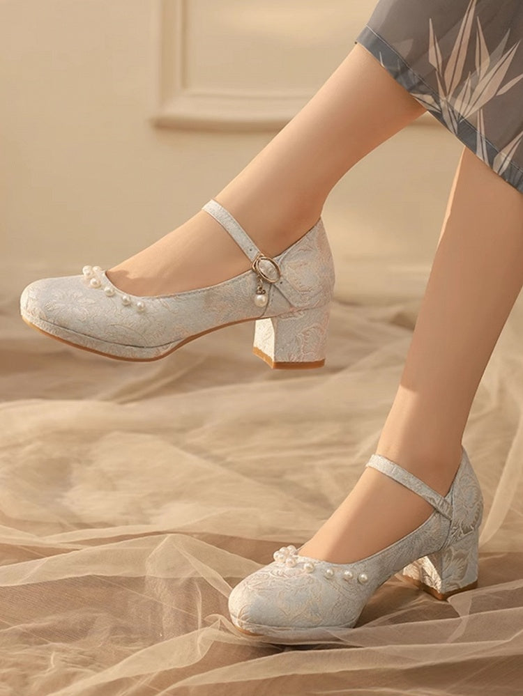 with Qi Satin Shoes Mid-heel Beaded Lolita - Details Blue Floral