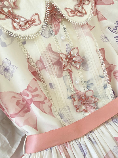 Pink Bowknot Peter Pan Collar Lolita Dress Bows and Butterfly Print One Piece