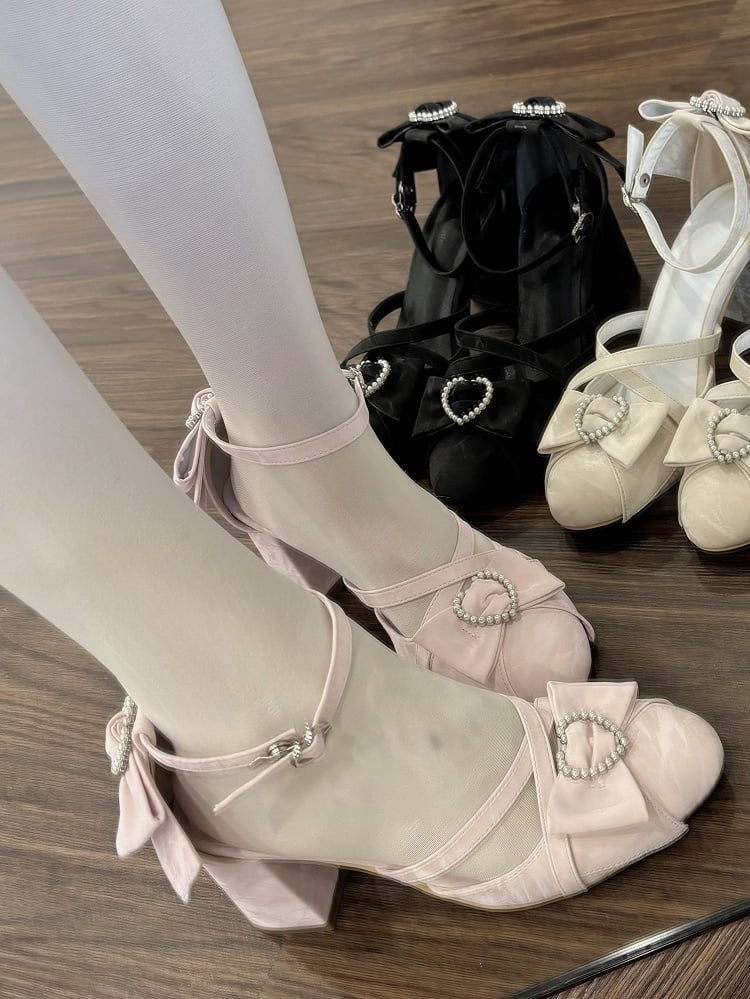 Hohe rosa Schleifen Lolita Riemen Akzent Block Herz Kreuzmuster Design Absatz - Perlen Sandalen