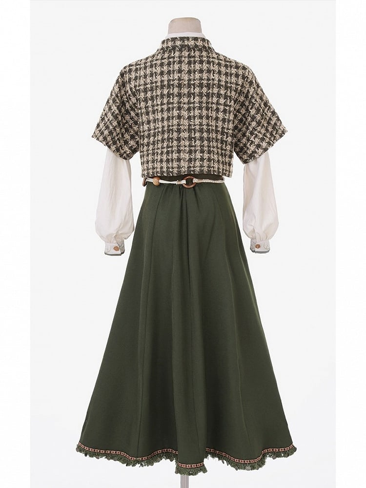 Floral Embroidered Plaid Top in Dark Green with White Blouse and Skirt Ensemble - Han Ru Chu Hanfu & Han-Element Studi