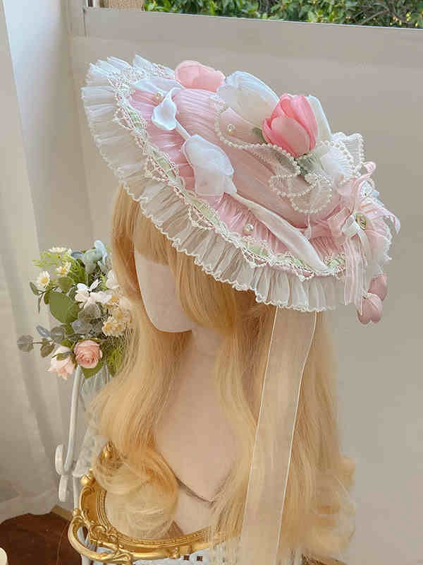 Decorated Tulip Blue Hat Flat Lolita / Green Pink