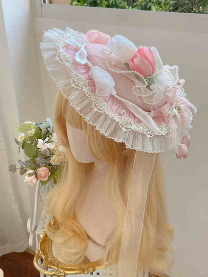 Decorated Tulip Blue Hat Flat Lolita / Green Pink