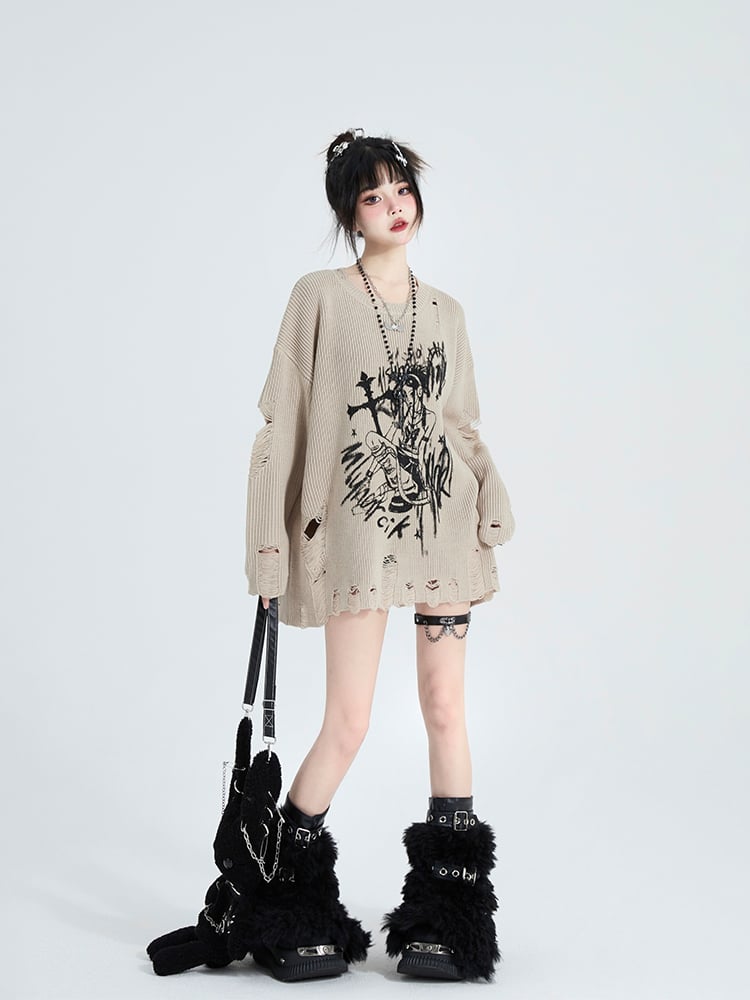 Khaki Fit with Distressed Girl Holes Print Top Relaxed Knit Anime