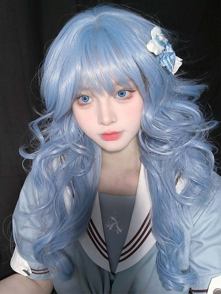 エアウィッグ付き 70cm 長さ 前髪 ウェーブ ブルー