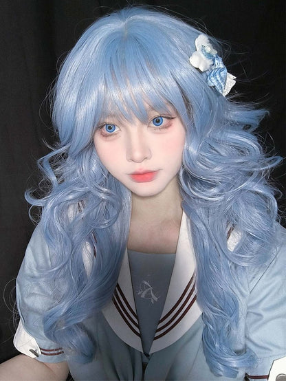 エアウィッグ付き 70cm 長さ 前髪 ウェーブ ブルー