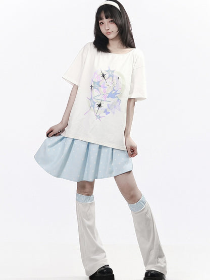 White Wide Round Neck Short Sleeve T-Shirt with Nebula Print - PINK SAVIOR