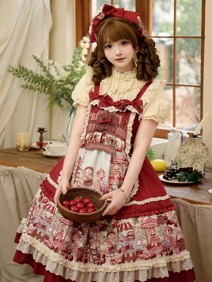 Sweet Red Lolita Jumper Dress with Fruity Print and Lace Trim - Honey Machine