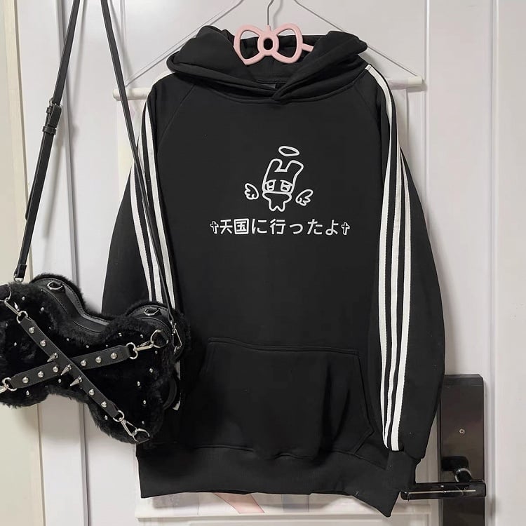 Black Bunny Print on with Angel Hoodie Sleeves Pattern Stripe