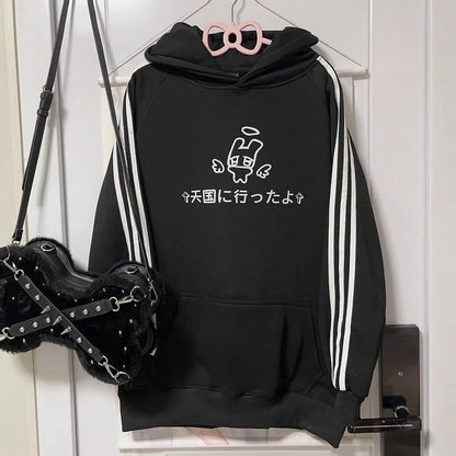 Black Bunny Print on with Angel Hoodie Sleeves Pattern Stripe