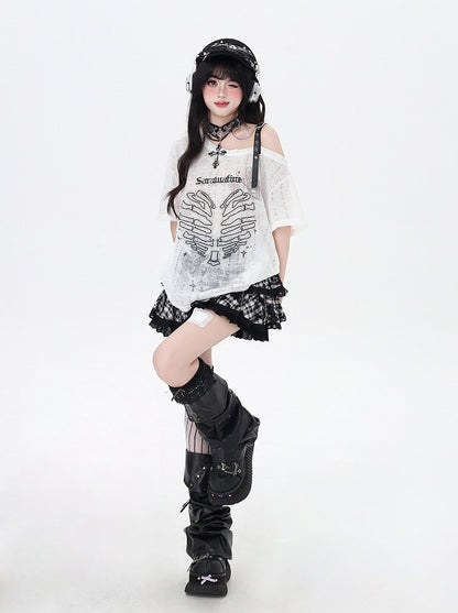 Y2K アシンメトリーネックライン スケルトン ハートプリント ブラック/グレー/ホワイト Tシャツ