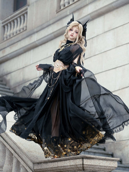 Sleeveless Vibes Moon Stars Full Neck Black Skirt + Print Top Golden Greek Halter and Set