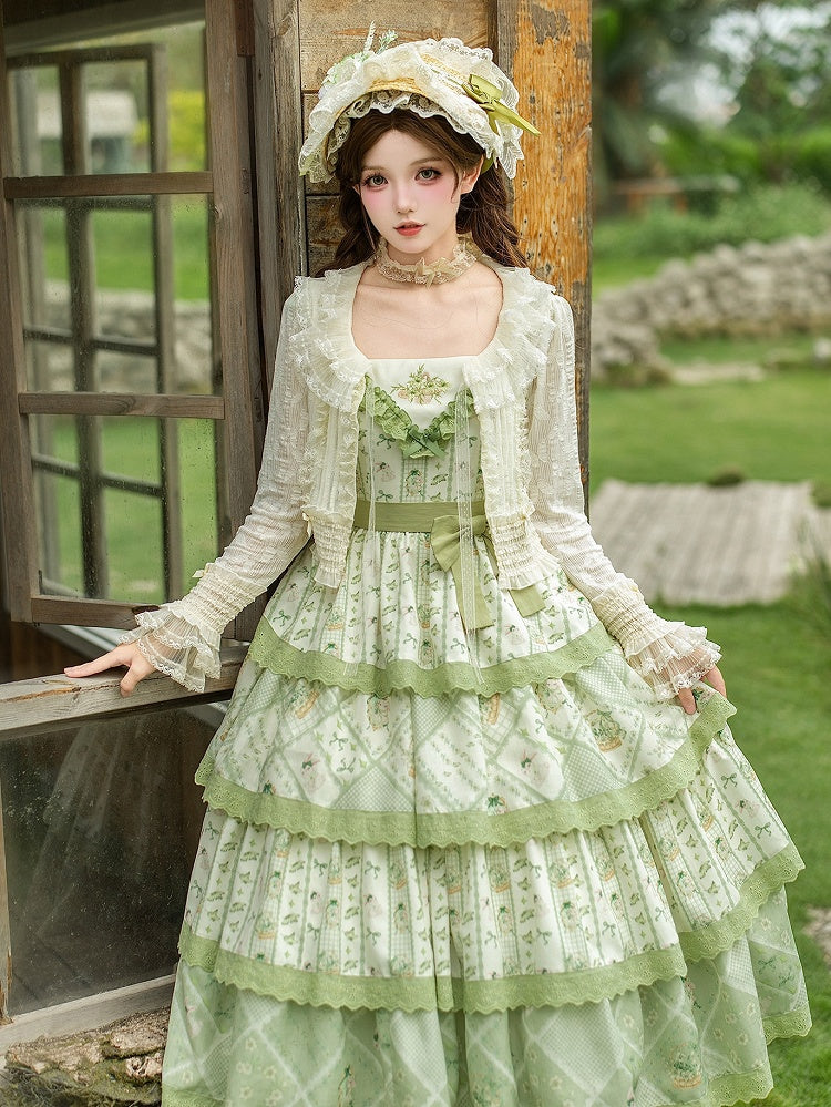 Flower Basket and Bunny Print Green Natural Kei Lolita Tiered JSK Dress - With PUJI