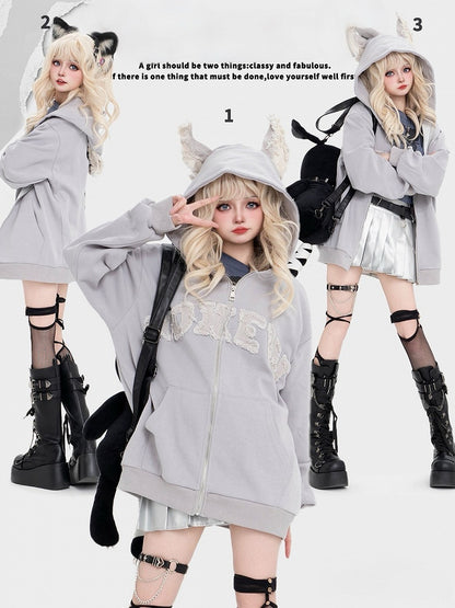 Non-Fleece And With Ears Print Grey Applique Puppy Letter Light Hoodie