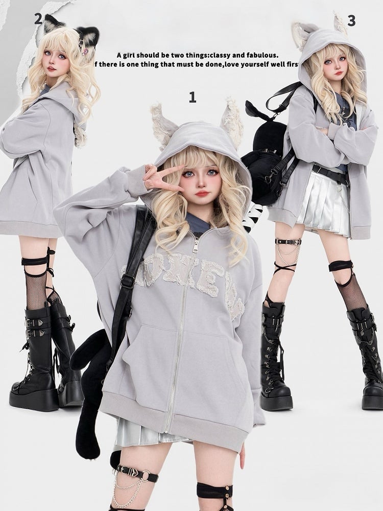 Light Hoodie Puppy Letter Fleece And Ears Grey Print Applique With