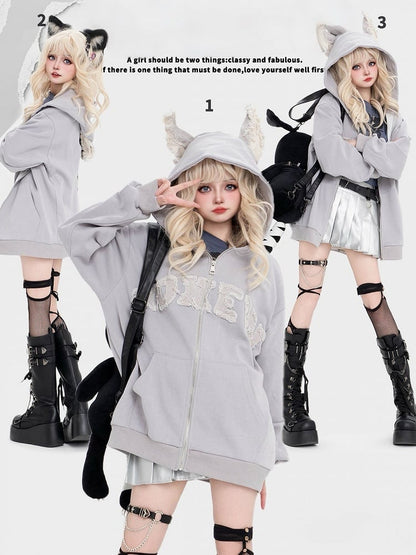 Light Hoodie Puppy Letter Fleece And Ears Grey Print Applique With