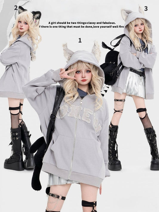 Light Hoodie Puppy Letter Fleece And Ears Grey Print Applique With