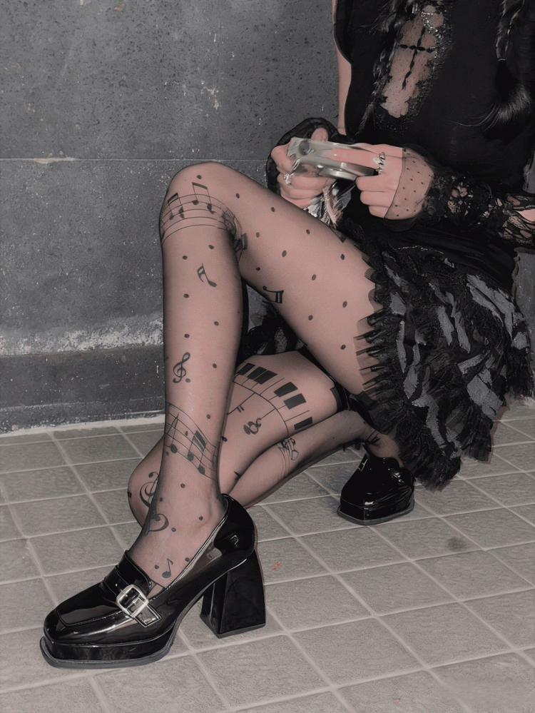 Collants imprimés nude / musicaux semi-transparents Black Note