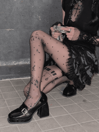 Collants imprimés nude / musicaux semi-transparents Black Note