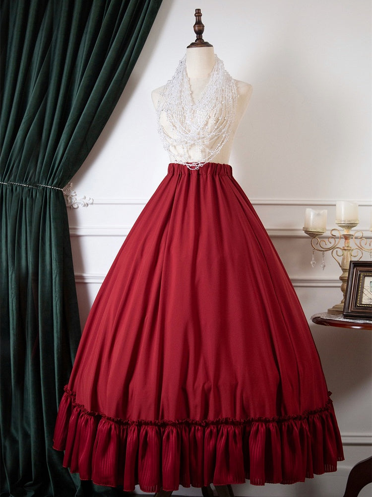 Flounce Underskirt Red Hemline Waist Shirring