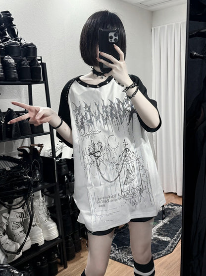 White Landmine Style Raglan Short Sleeve Tee with Hot-Fix Rhinestone & Graphic Accents - Puzzles