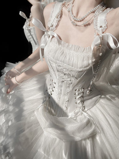 White Shiro Lolita Corset Top with High-Low Tulle Skirt - Caramelantike