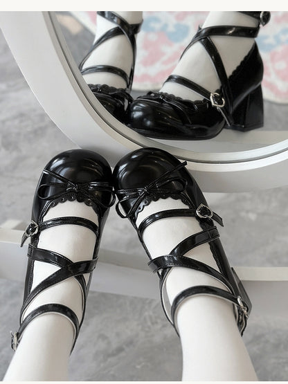 Lolita Shoes - Knotted Artfully with Bow Black Mid Sweet Heel