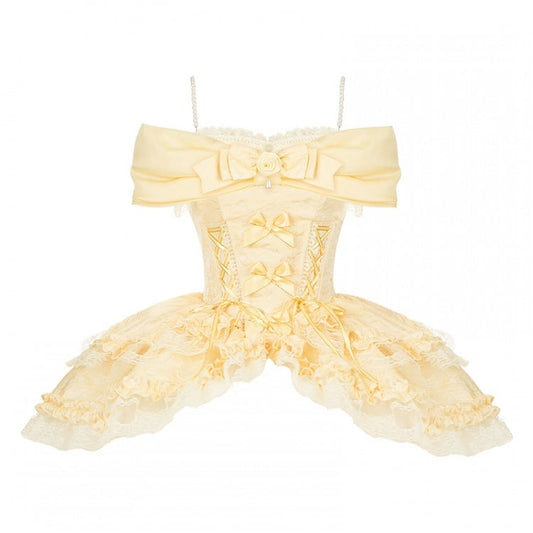 Beaded Shoulder Straps Yellow Rosette Jacquard Boned Corset Top with Detachable Shawl - With PUJI