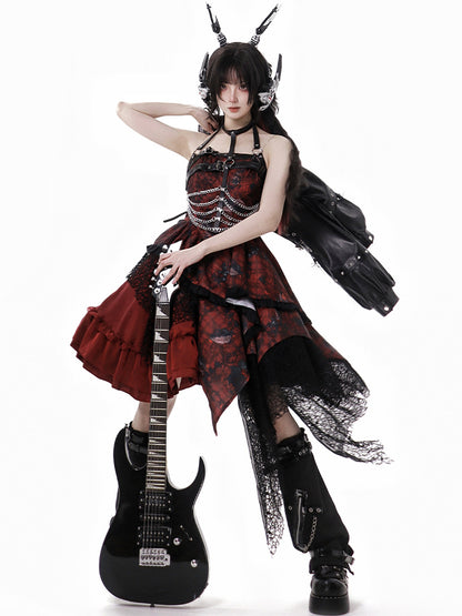 Plaid Hem Strawberry Lolita Jumper Gothic Skirt and Asymmetrical ansd Black Red Pattern