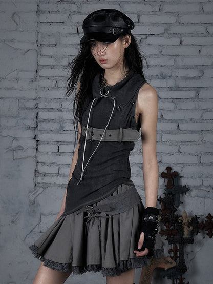 with Top Punk Belt Lace-ups Grey Buckle Dark Studded Knit Tank Crisscross