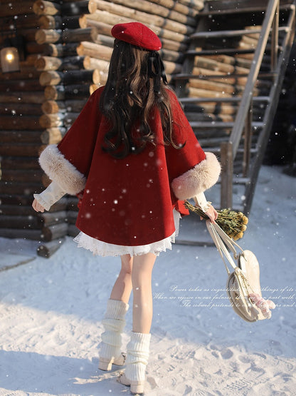 Red Wool Cape Coat with Shaggy Collar and Cuffs