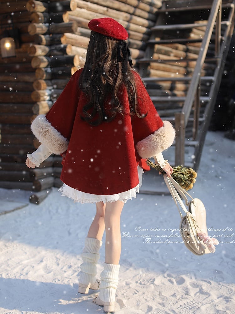 Christmas Red Wool Cape Coat with Shaggy Collar and Cuffs