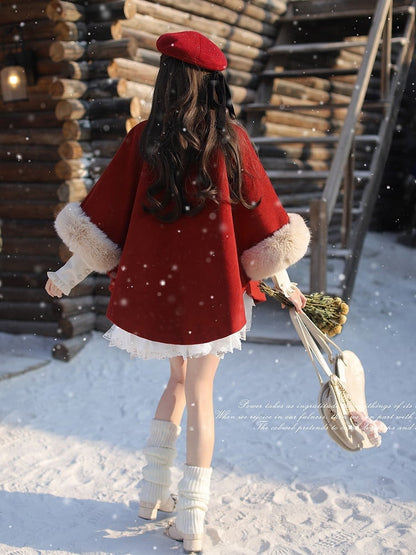 Christmas Red Wool Cape Coat with Shaggy Collar and Cuffs