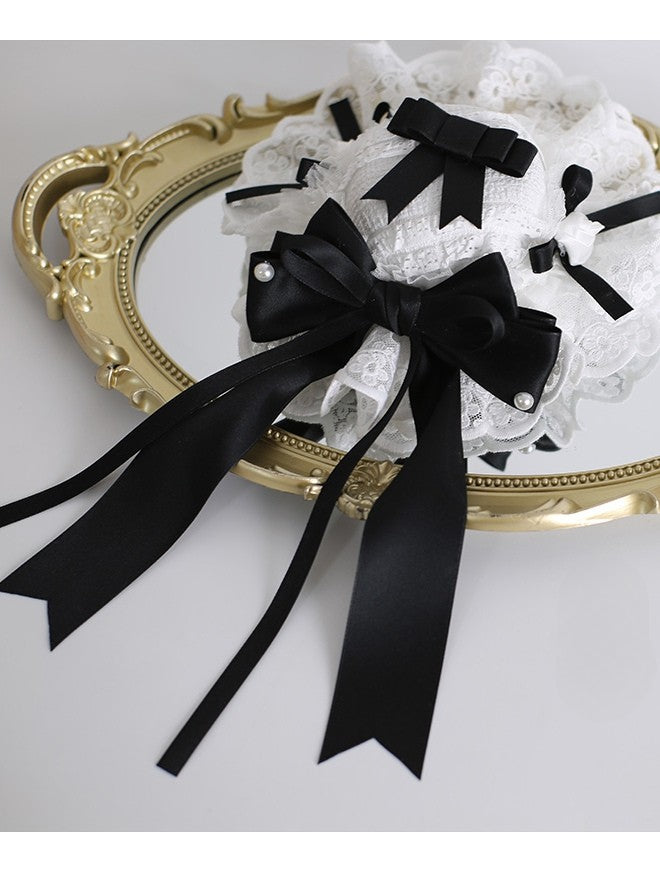 Lolita Bowknot Beaded Lace Sweet Decorated Mini Details BlackWhite Trim Hat