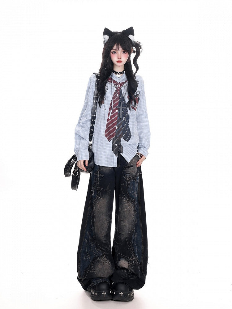 Blue Print Shirt and Sleeve Drawstring Vintage Hood Tie with Plaid Long