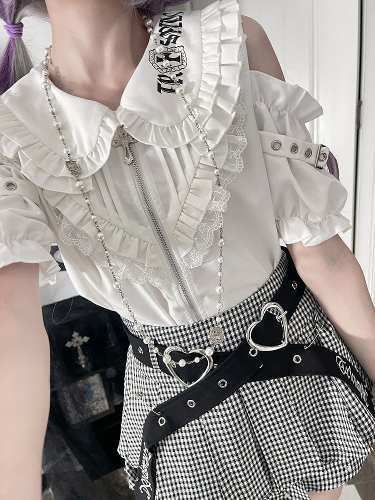 Ruffle Cut-Outs Triangular with White Chest Sleeve Short Gothic Shirt Accents Shoulder Puff