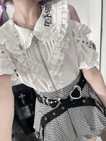 Ruffle Cut-Outs Triangular with White Chest Sleeve Short Gothic Shirt Accents Shoulder Puff