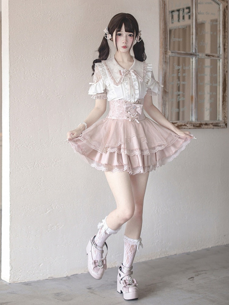 Landmine Style Pink & White Lace Cutout Shoulder Short Sleeve Blouse with Ruffle Details - Ekomi
