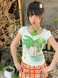 Tree and Dots Print T-shirt Green Palm Rhinestone Details Polka with White