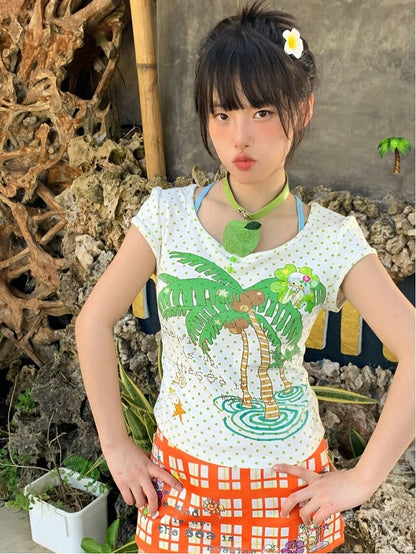 Tree and Dots Print T-shirt Green Palm Rhinestone Details Polka with White