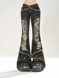 Taille Distressed Löcher Flared Jeans Saum mit Raw Black Low