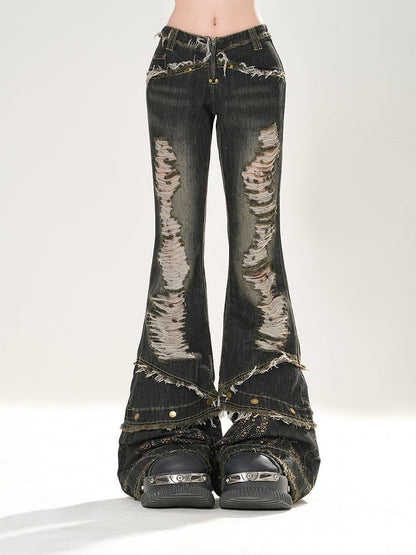 Waist Distressed Holes Flared Jeans Hem with Raw Black Low